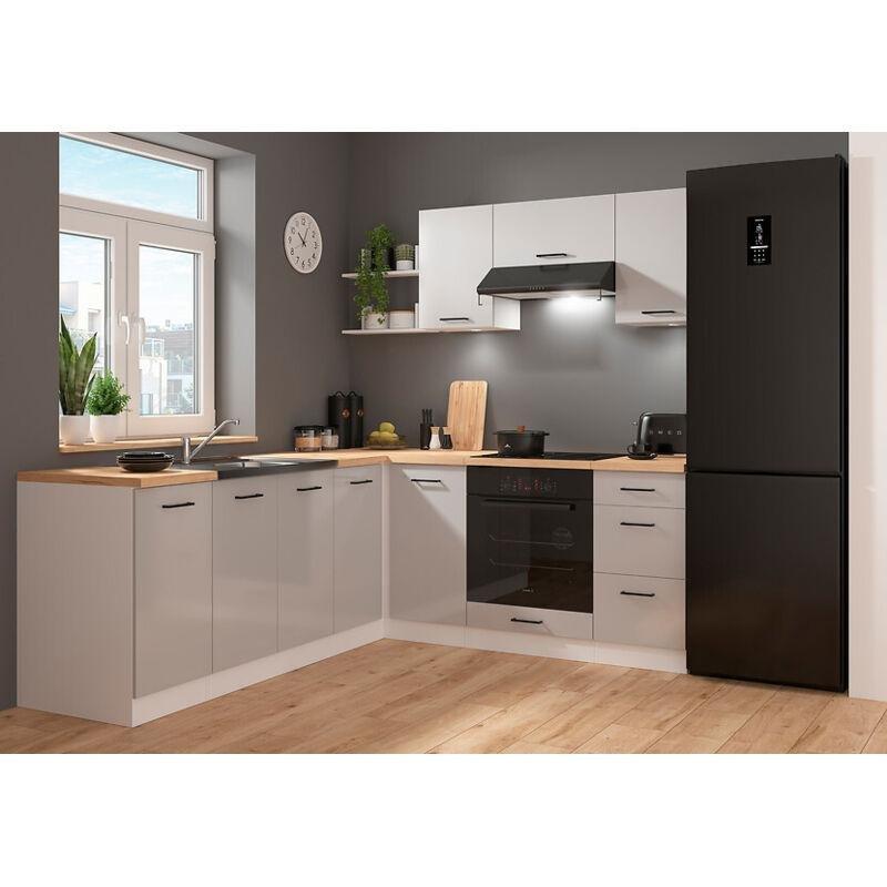 Parlak Açık Gri ve Beyaz MDF Modüler LED Aydınlatmalı Köşe Mutfak Modeli - 200x220 cm - 186084