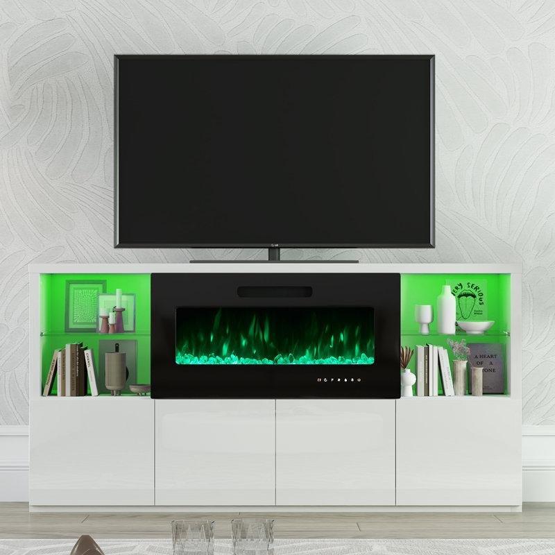 Parlak Ahşap LED Işıklı ve Şömineli TV Ünitesi - 173 cm - 222258