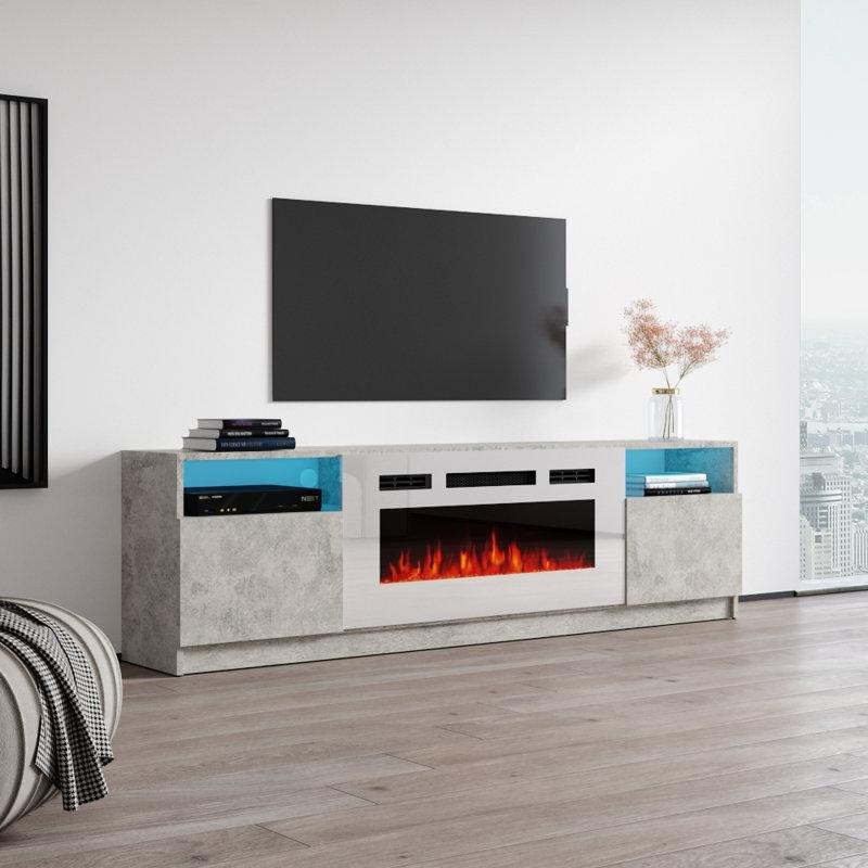 Parlak Beton Rengi Elektrikli Şömineli TV Ünitesi - 200 cm - 221555