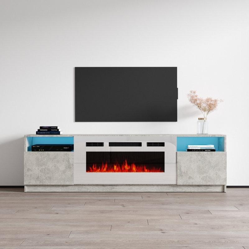 Parlak Beton Rengi Elektrikli Şömineli TV Ünitesi - 200 cm - 221555