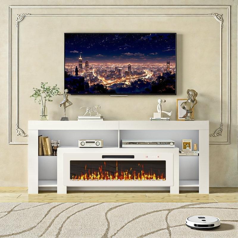 Parlak Beyaz Ahşap 12 Renkli Elektrikli Şömineli TV Ünitesi - 204 cm - 220565