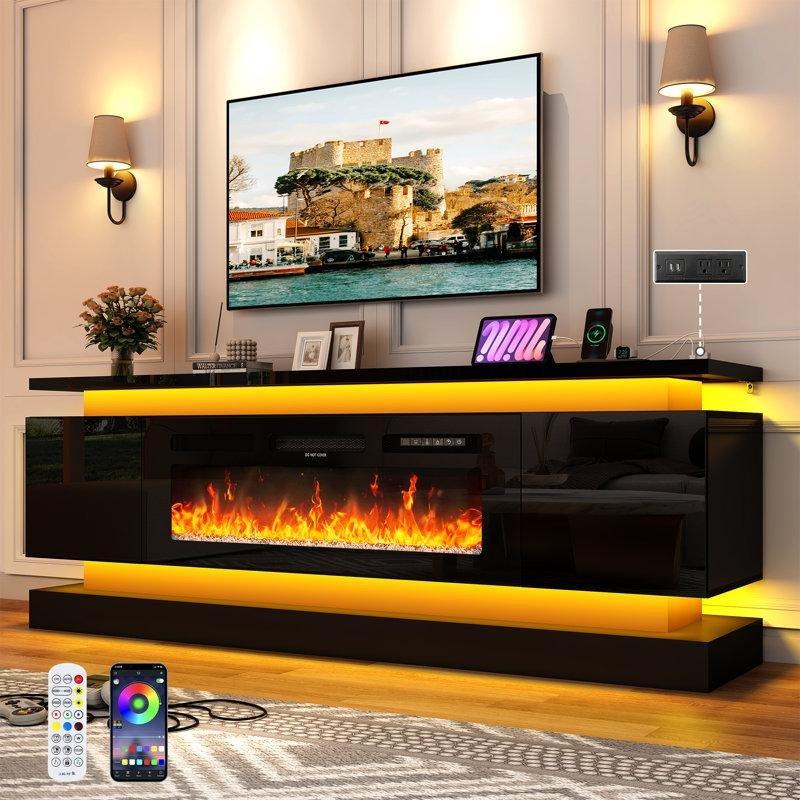 Parlak Beyaz Ahşap Çift LED Işıklı ve Dahili Prizli Elektrikli Şömineli TV Ünitesi - 181 cm - 222033