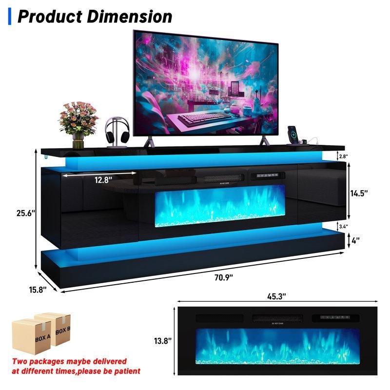 Parlak Beyaz Ahşap Çift LED Işıklı ve Dahili Prizli Elektrikli Şömineli TV Ünitesi - 181 cm - 222033
