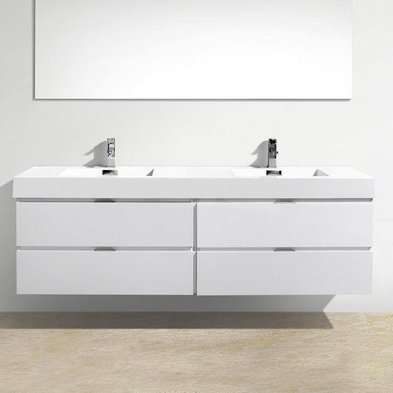 Parlak Beyaz Ahşap Kaplama Akrilik Tezgahlı Duvara Monte Çift Lavabolu Banyo Lavabo Dolabı - 182 cm - 200389
