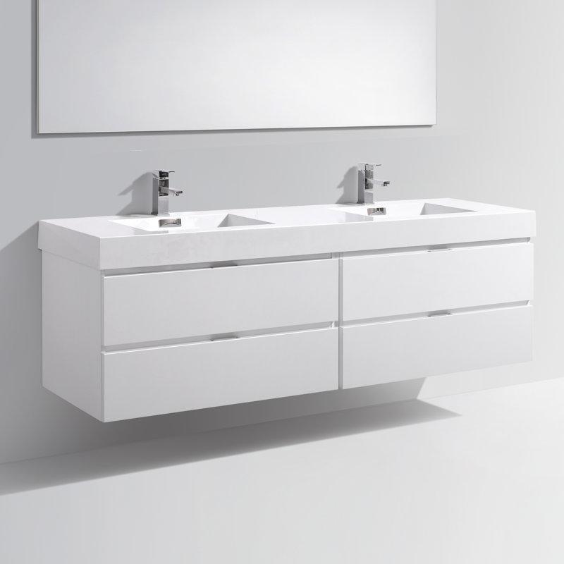 Parlak Beyaz Ahşap Kaplama Akrilik Tezgahlı Duvara Monte Çift Lavabolu Banyo Lavabo Dolabı - 182 cm - 200389