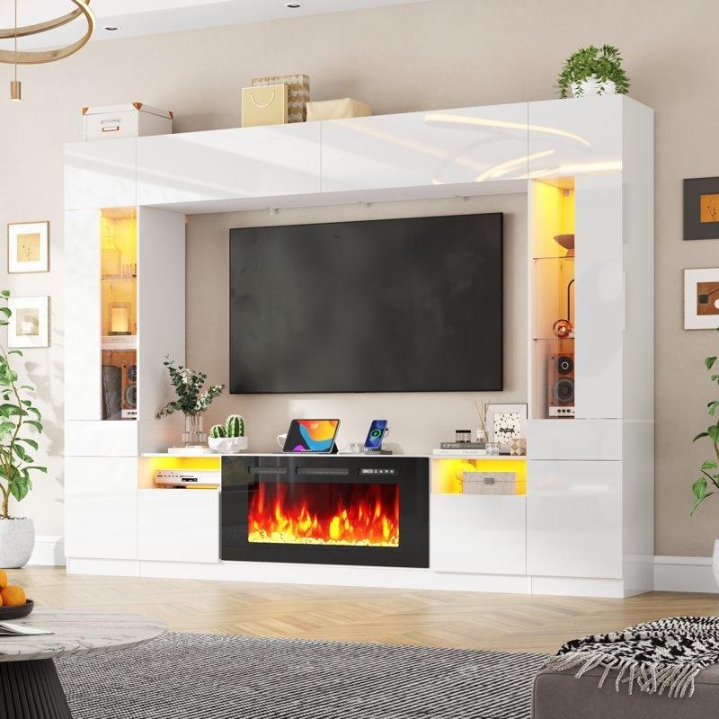 Parlak Beyaz Ahşap Şömineli Kitaplıklı ve LED Aydınlatmalı TV Ünitesi - 274 cm - 220758