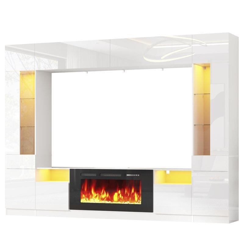 Parlak Beyaz Ahşap Şömineli Kitaplıklı ve LED Aydınlatmalı TV Ünitesi - 274 cm - 220758