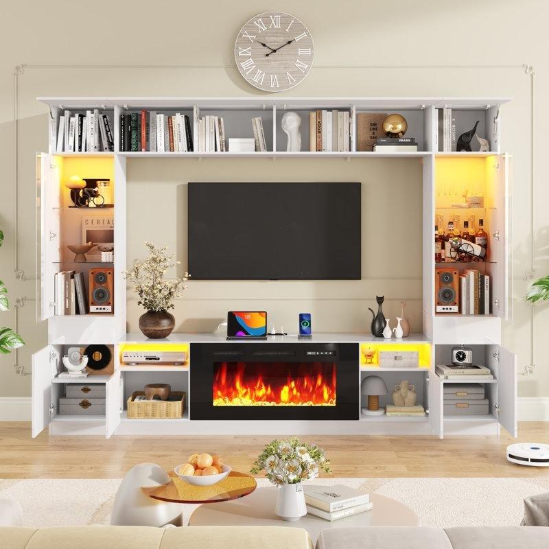 Parlak Beyaz Ahşap Şömineli Kitaplıklı ve LED Aydınlatmalı TV Ünitesi - 274 cm - 220758