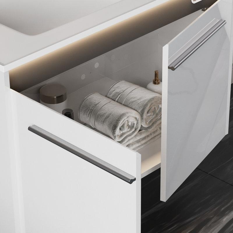 Parlak Beyaz Akrilik Tezgahlı Sensörlü LED Işıklı Duvara Monte Banyo Lavabo Dolabı - 80 cm - 197687