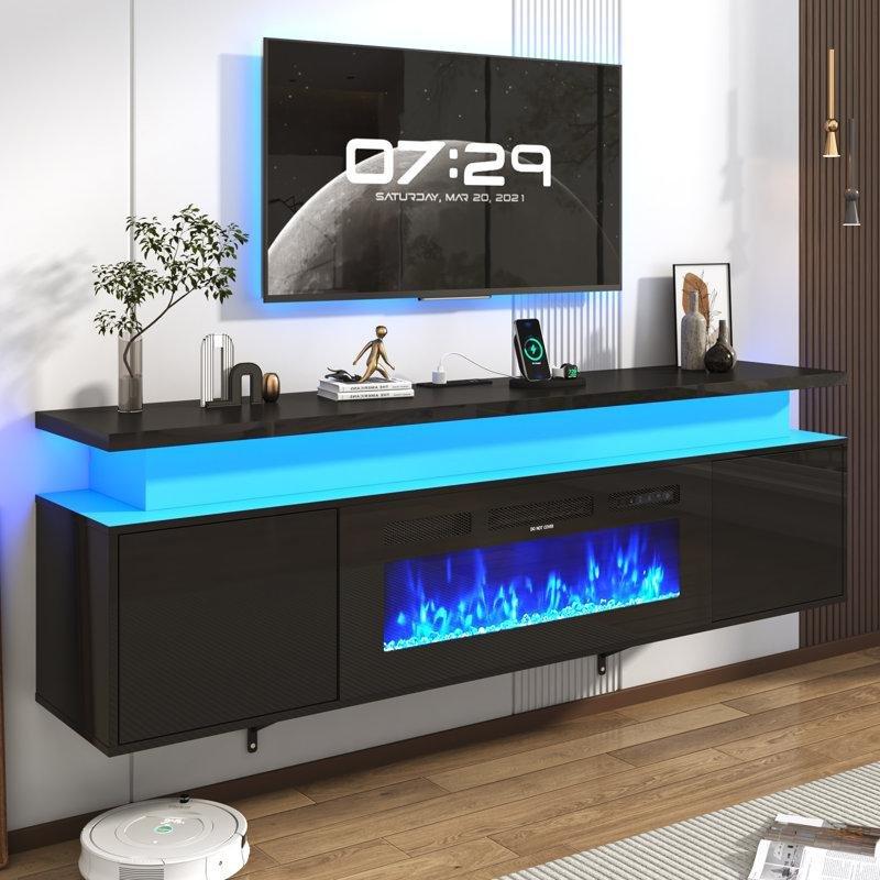 Parlak Beyaz Aynalı LED Işıklı Şömineli Duvara Monte Ahşap Tv Ünitesi - 204 cm - 221067