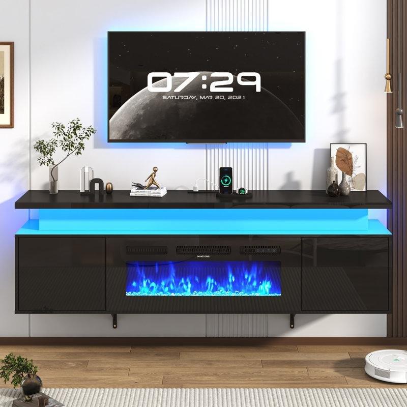 Parlak Beyaz Aynalı LED Işıklı Şömineli Duvara Monte Ahşap Tv Ünitesi - 204 cm - 221067