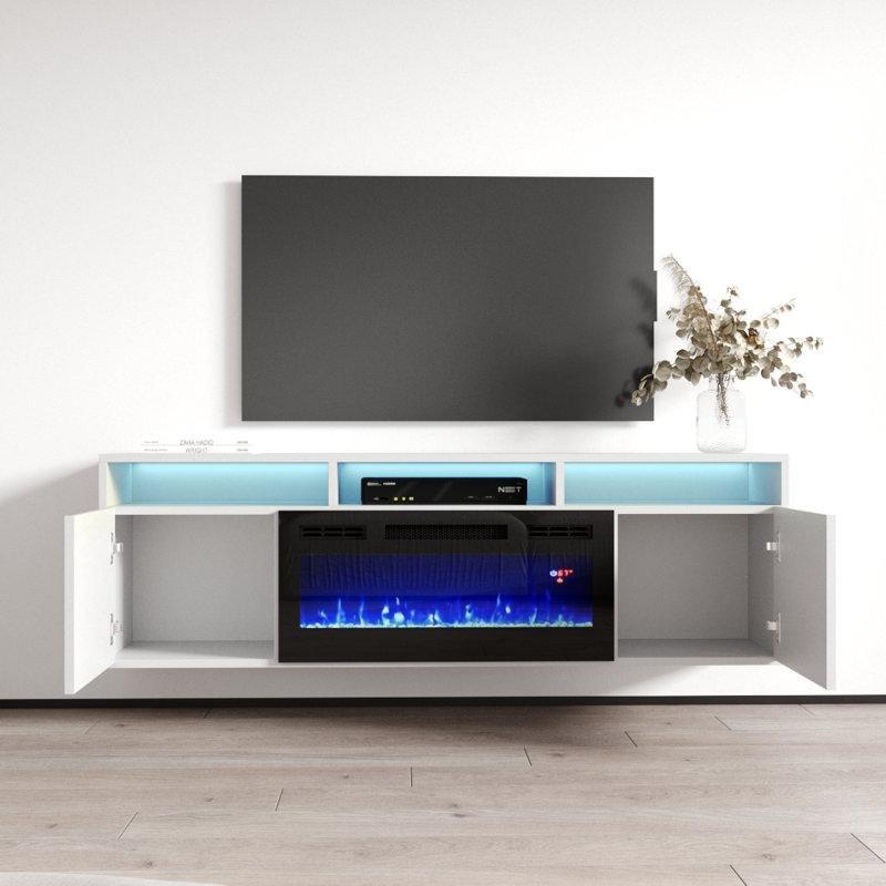 Parlak Beyaz Duvara Monte Elektrikli Şömineli TV Ünitesi - 161 cm - 221181