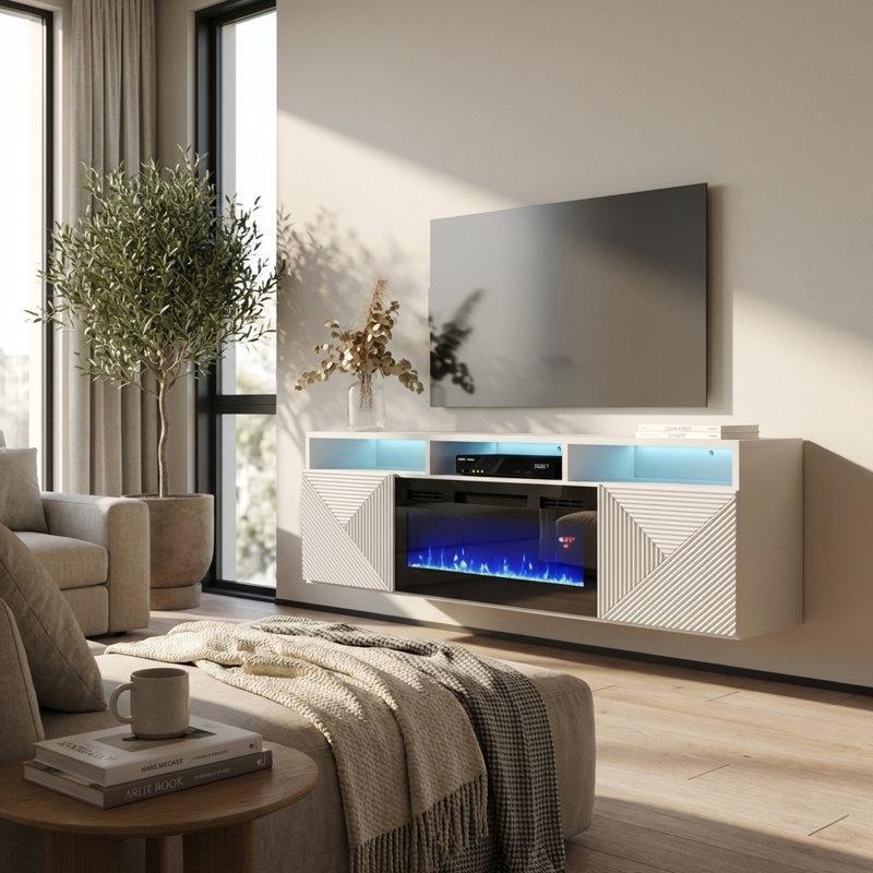 Parlak Beyaz Duvara Monte Elektrikli Şömineli TV Ünitesi - 161 cm - 221181