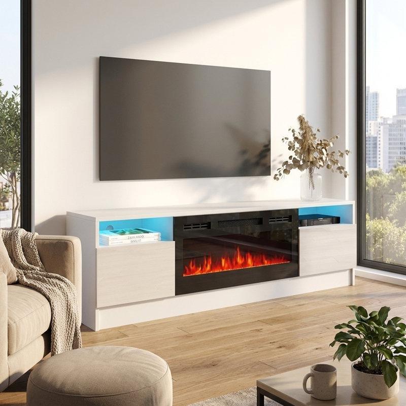 Parlak Beyaz Elektrikli Şömineli TV Ünitesi - 161 cm - 220870