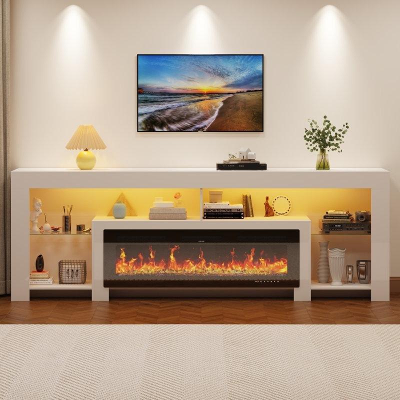 Parlak Beyaz Masif Ahşap LED Işıklı ve 50 İnç Şömineli Tv Ünitesi - 211 cm - 221915