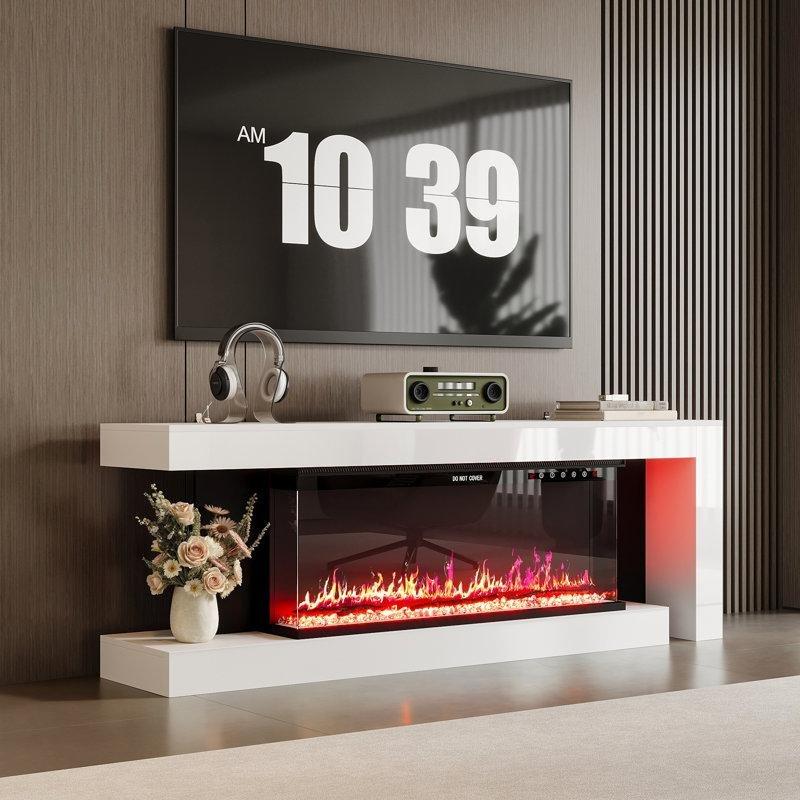 Parlak Beyaz MDF Dokunmatik Kontrollü 12 Renk Alevli Şömineli TV Ünitesi - 170 cm - 220442
