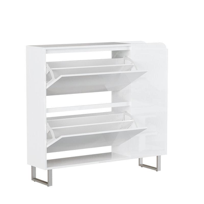 Parlak Beyaz PET Yüzeyli LED Işıklı 2 Düşer Kapaklı Ayakkabılık Dolabı - 107 cm - 228841