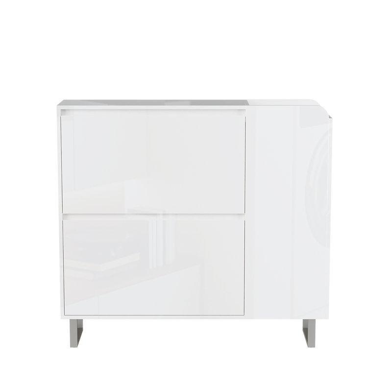 Parlak Beyaz PET Yüzeyli LED Işıklı 2 Düşer Kapaklı Ayakkabılık Dolabı - 107 cm - 228841