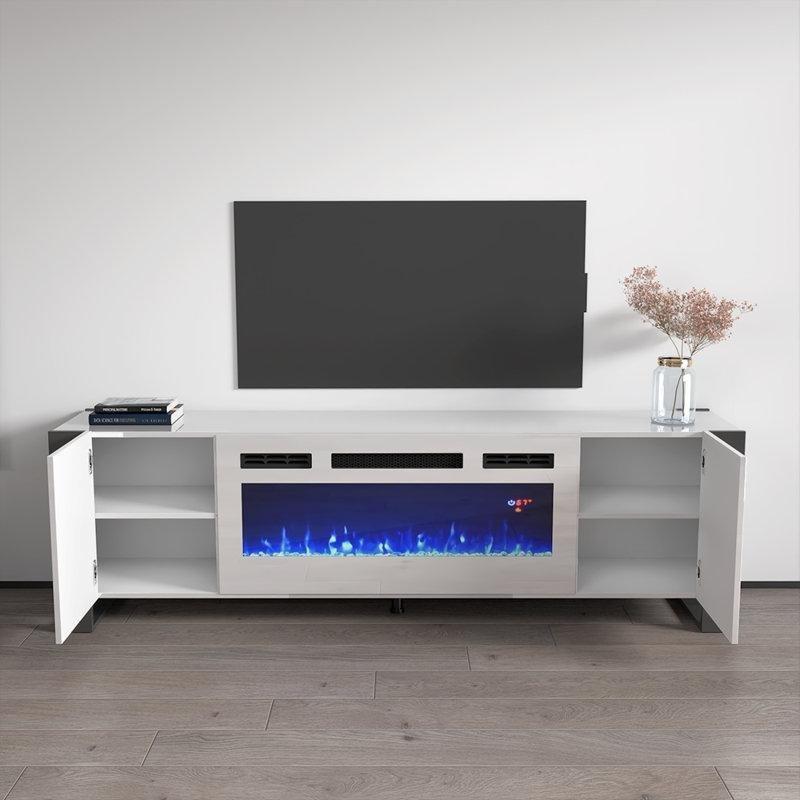Parlak Beyaz ve Gri Elektrikli Şömineli TV Ünitesi - 197 cm - 220378