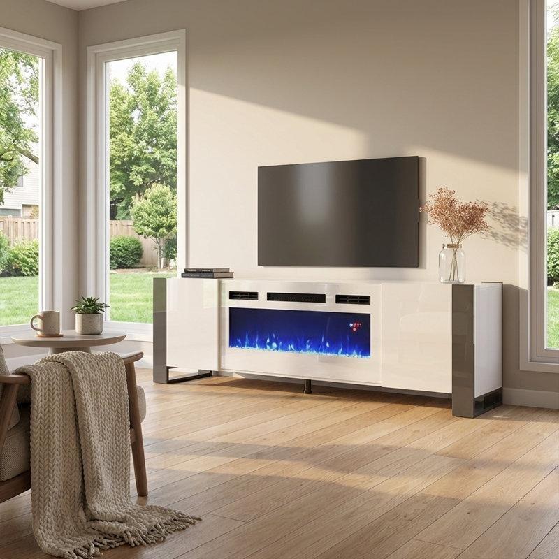 Parlak Beyaz ve Gri Elektrikli Şömineli TV Ünitesi - 197 cm - 220378