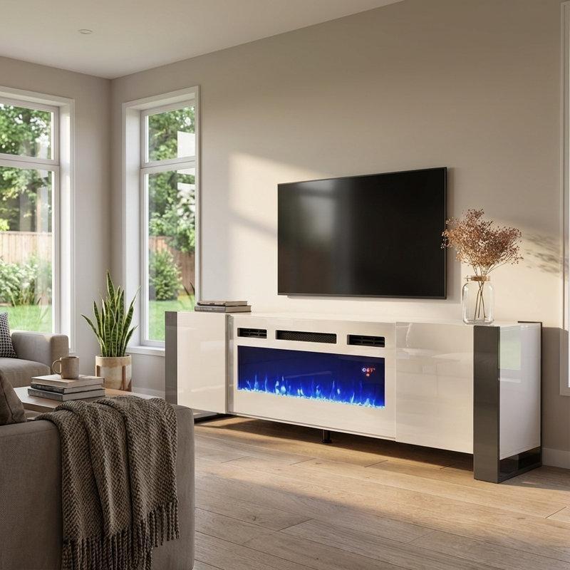 Parlak Beyaz ve Gri Elektrikli Şömineli TV Ünitesi - 197 cm - 220378