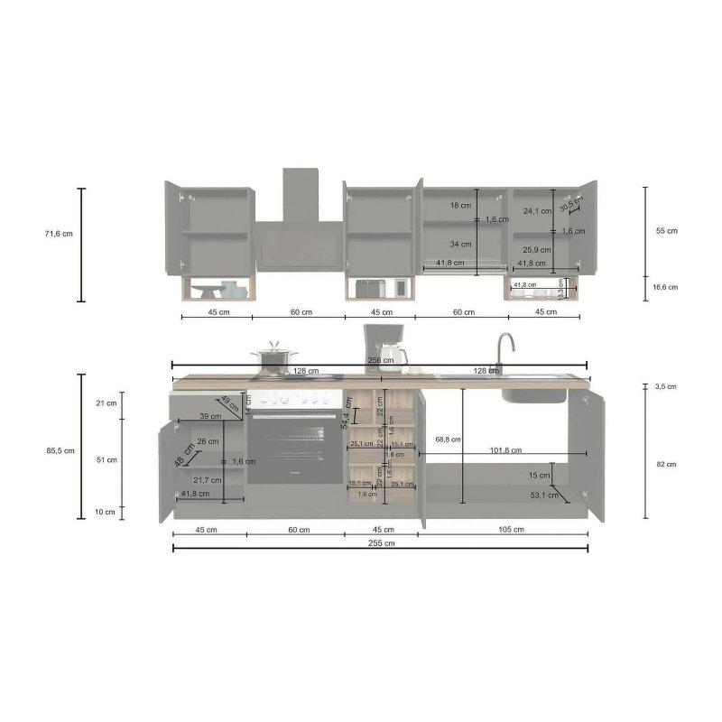 Parlak Beyaz ve Meşe Kilerli Lineer Mutfak Modeli - 255 cm - 186553