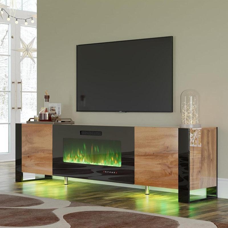 Parlak Beyaz ve Siyah MDF Şömineli LED Aydınlatmalı TV Ünitesi - 204 cm - 221927