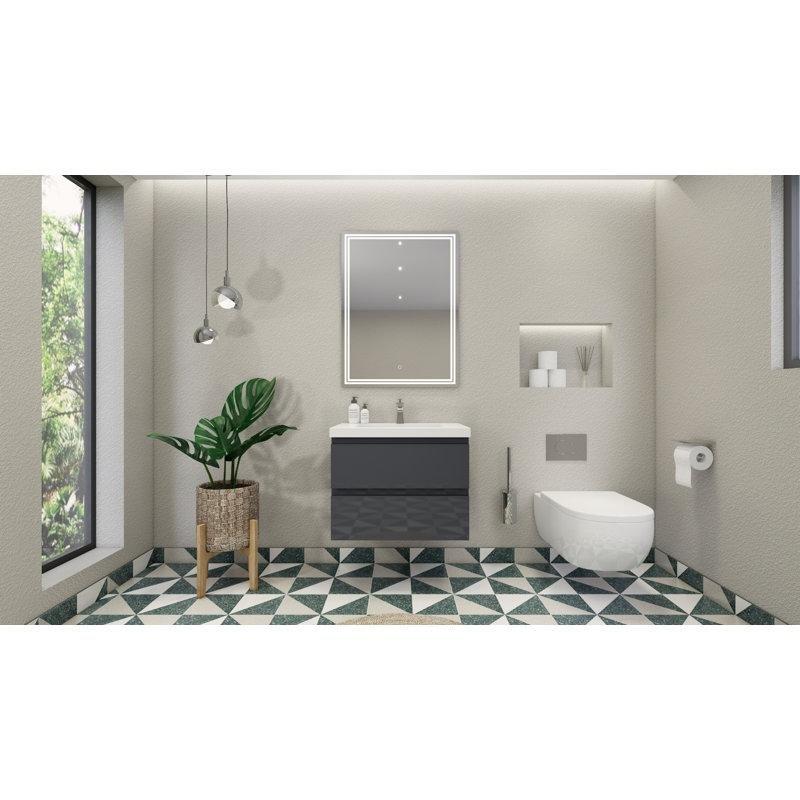 Parlak Gri Masif Ahşap Yavaş Kapanır Çekmeceli Dahili Lavabolu Banyo Lavabo Dolabı - 75 cm - 200876