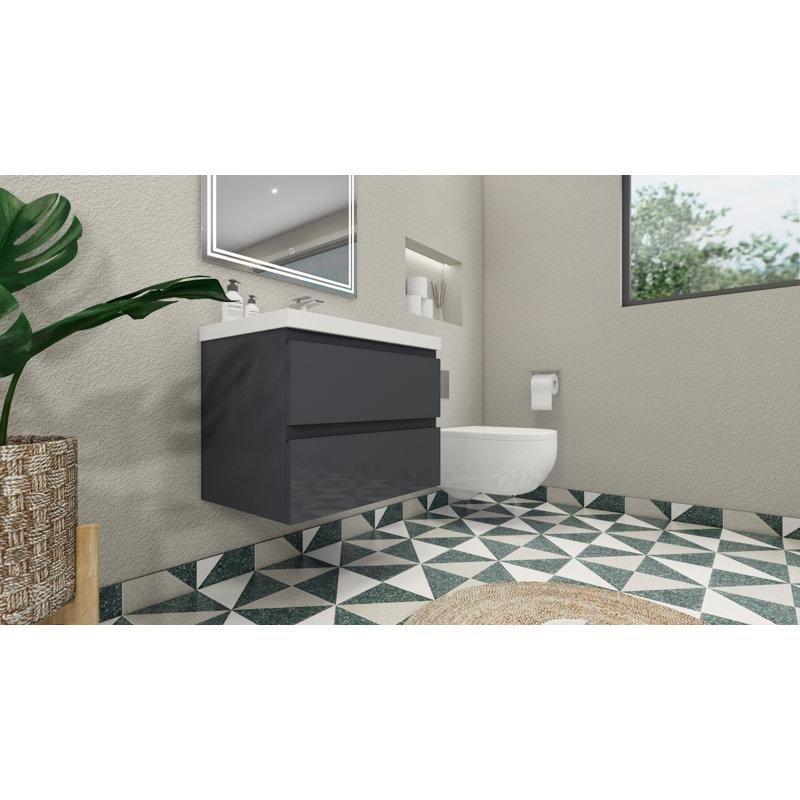 Parlak Gri Masif Ahşap Yavaş Kapanır Çekmeceli Dahili Lavabolu Banyo Lavabo Dolabı - 75 cm - 200876