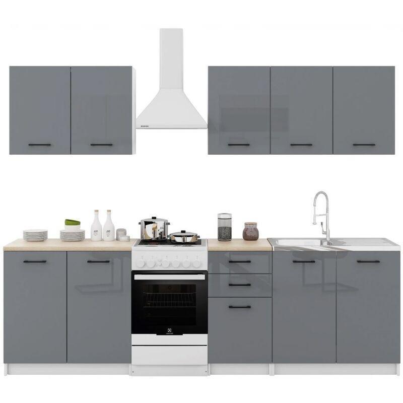 Parlak Gri Melamin Siyah Kulplu 6 Parça Modüler Mutfak Dolabı Seti - 200 cm - 186217