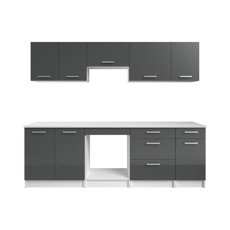 Parlak Gri ve Beyaz Sunta Tezgahlı 8 Modüllü Mutfak Modeli - 240 cm - 186697