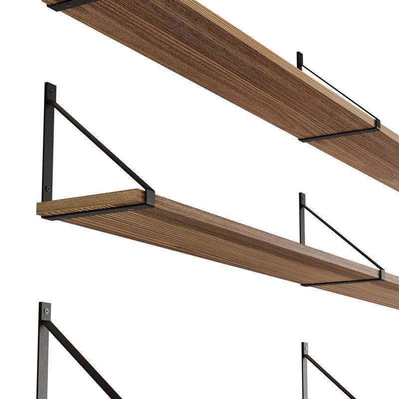 Parlak Nikel Metal Ayaklı Masif Paulownia Ahşap 3lü Set Duvar Rafı - 153 cm - 179265