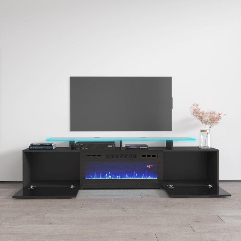 Parlak Siyah Elektrikli Şömineli Ahşap Tv Ünitesi - 190 cm - 220751