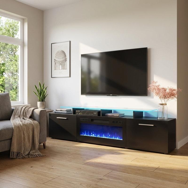 Parlak Siyah Elektrikli Şömineli Ahşap Tv Ünitesi - 190 cm - 220751