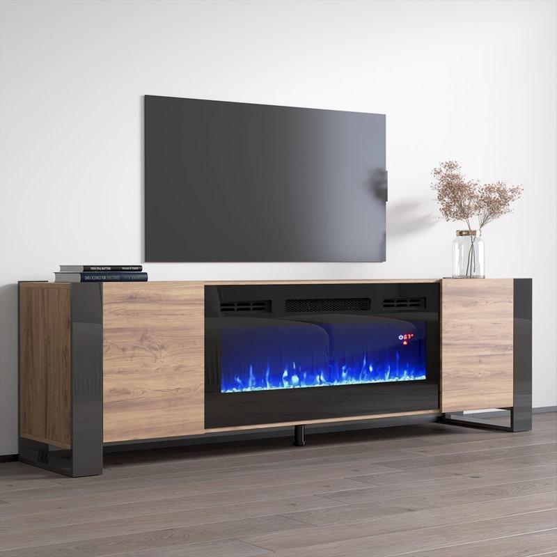 Parlak Yüzeyli Meşe ve Gri Elektrikli Şömineli TV Ünitesi - 197 cm - 221149