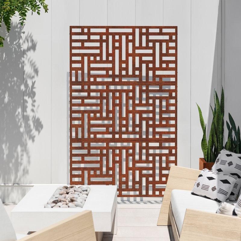 Pas Rengi Corten Çelik Geometrik Desenli Ayaklı Bahçe Paravanı - 194x115 cm - 172944