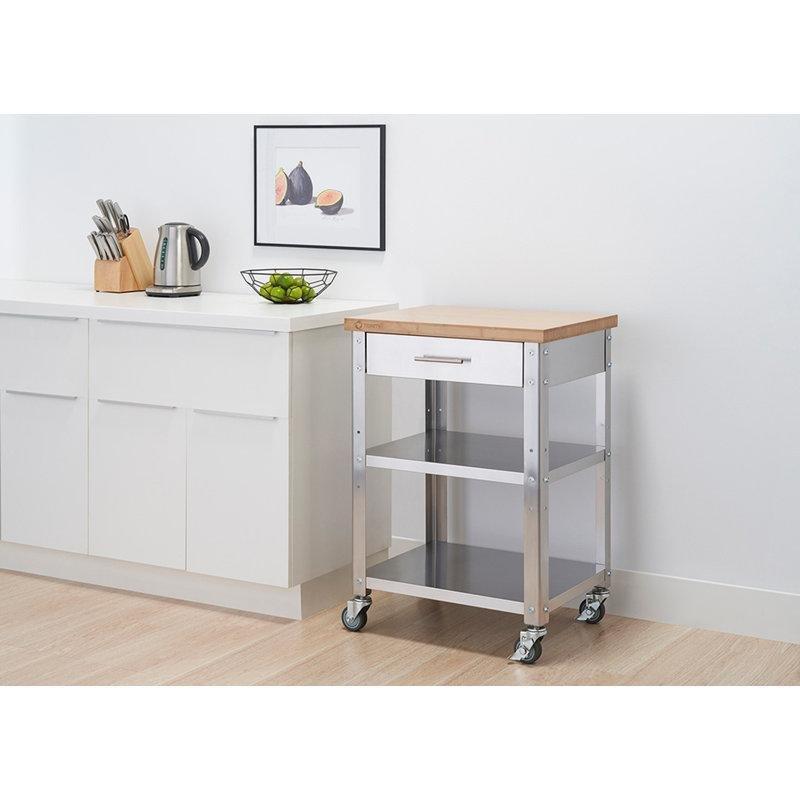 Paslanmaz Çelik ve Bambu Çekmeceli Tekerlekli Mutfak Servis Arabası - 64 cm - 178069