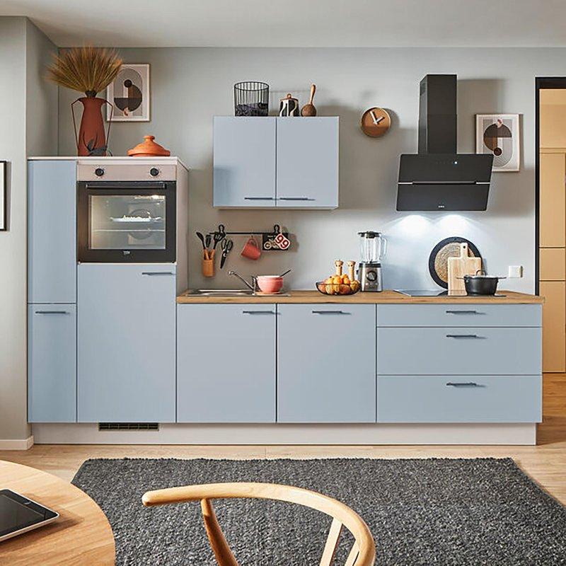 Pastel Mavi ve Kaşmir Gri Sunta Beyaz Eşyalı Evyeli Hazır Mutfak - 300 cm - 184982