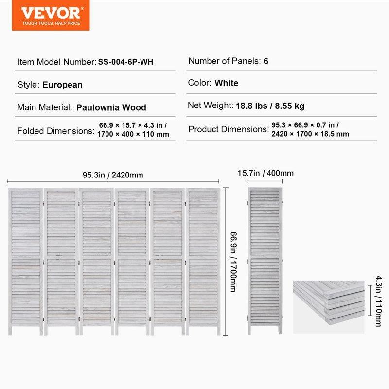 Paulownia Ahşap 6 Panelli Katlanabilir Panjur Tasarımlı Paravan - 170x242 cm - 184449