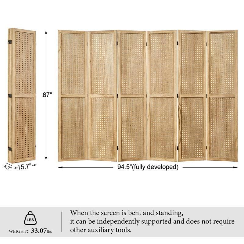 Pavlonya Ağacı ve MDF Delikli Pano Tasarımlı 6 Panelli Katlanır Paravan - 171 cm - 184608