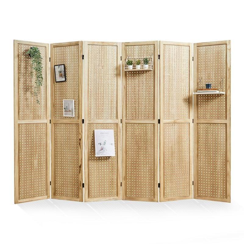 Pavlonya Ağacı ve MDF Delikli Pano Tasarımlı 6 Panelli Katlanır Paravan - 171 cm - 184608