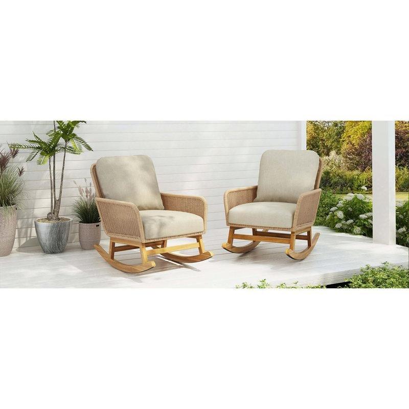 PE Hasır ve Masif Akasya Ahşap Minderli Modern Sallanan Sandalye 2li Set - 219279