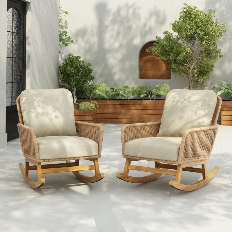 PE Hasır ve Masif Akasya Ahşap Minderli Modern Sallanan Sandalye 2li Set - 219279