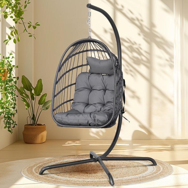 PE Rattan ve Metal Ayaklı Minderli Tek Kişilik Balkon Salıncağı - 199x97x105 cm - 174368