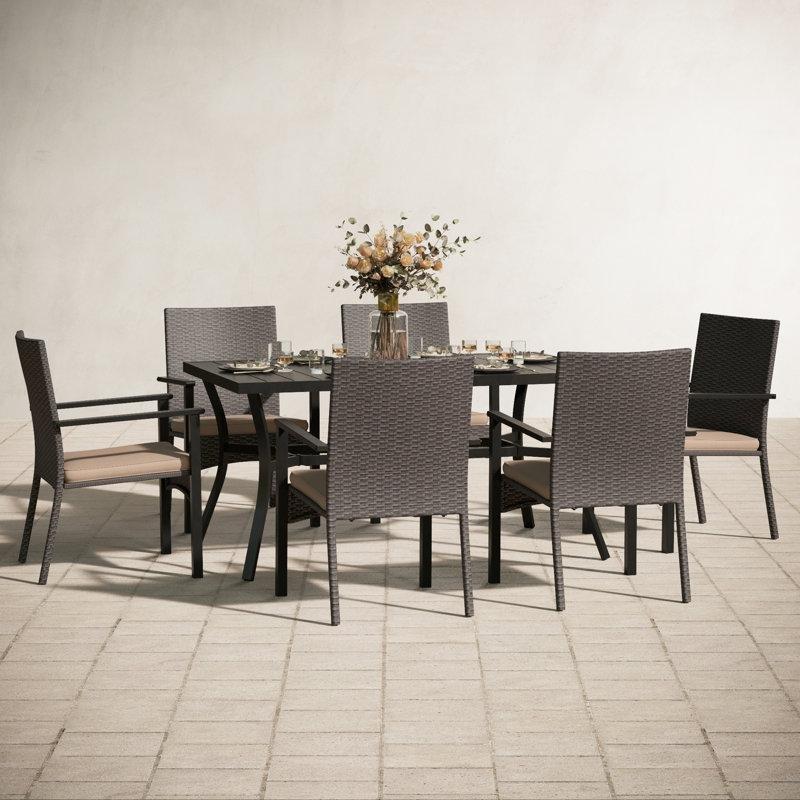 PE Rattan ve Metal Minderli Şemsiye Delikli 6 Kişilik Dikdörtgen Bahçe Masa Takımı - 213457