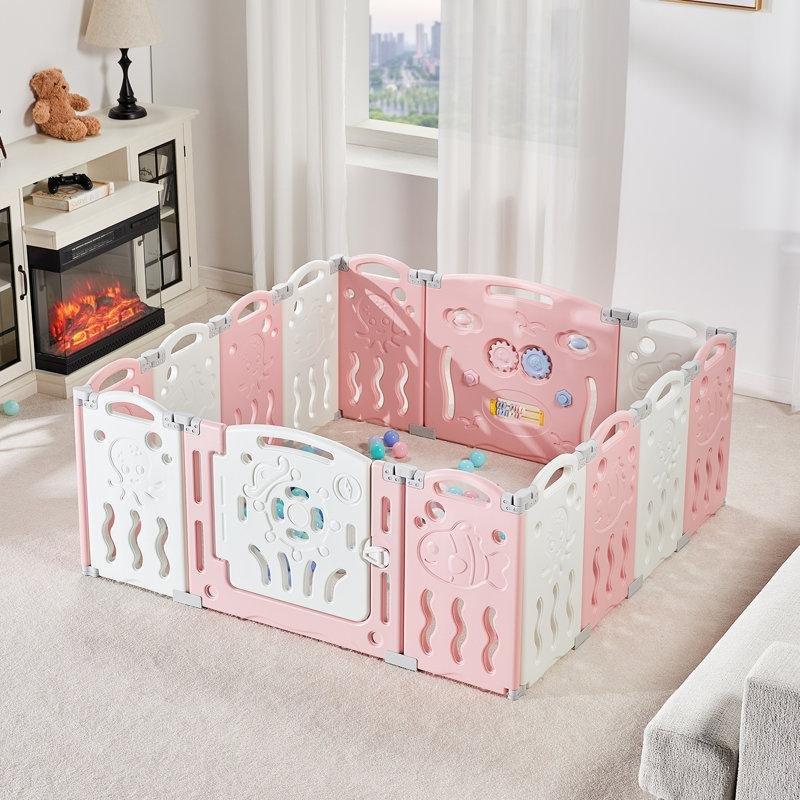 Pembe Beyaz HDPE Katlanabilir Oyun Panelli ve Güvenlik Kapılı Bebek Çocuk Oyun Alanı - 14 Parça - 181333