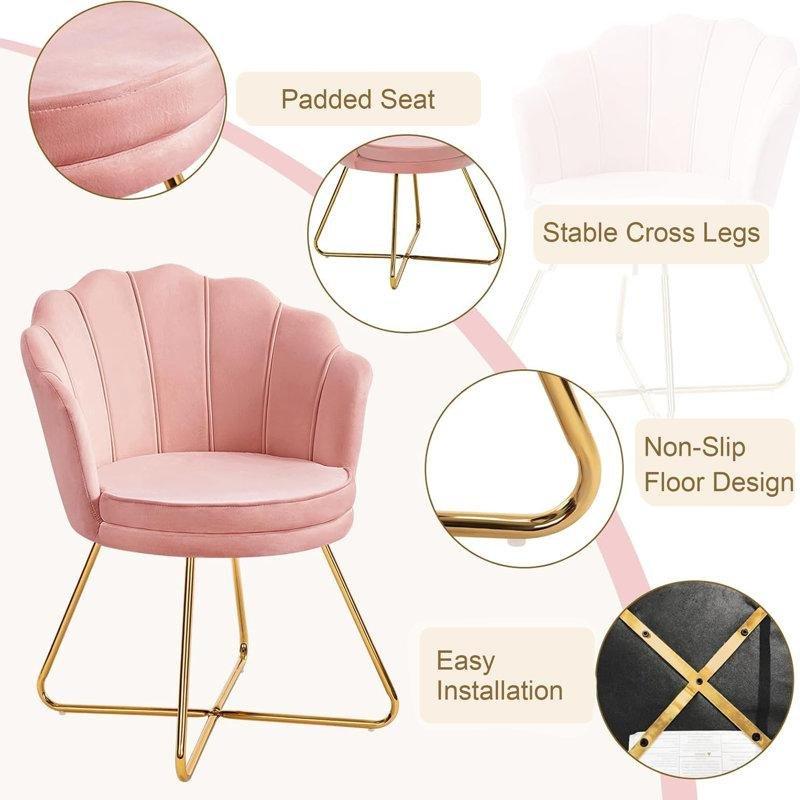 Pembe Kadife Deniz Kabuğu Sırtlı Gold Metal Çapraz Ayaklı Tekli Koltuk - 65 cm - 204851