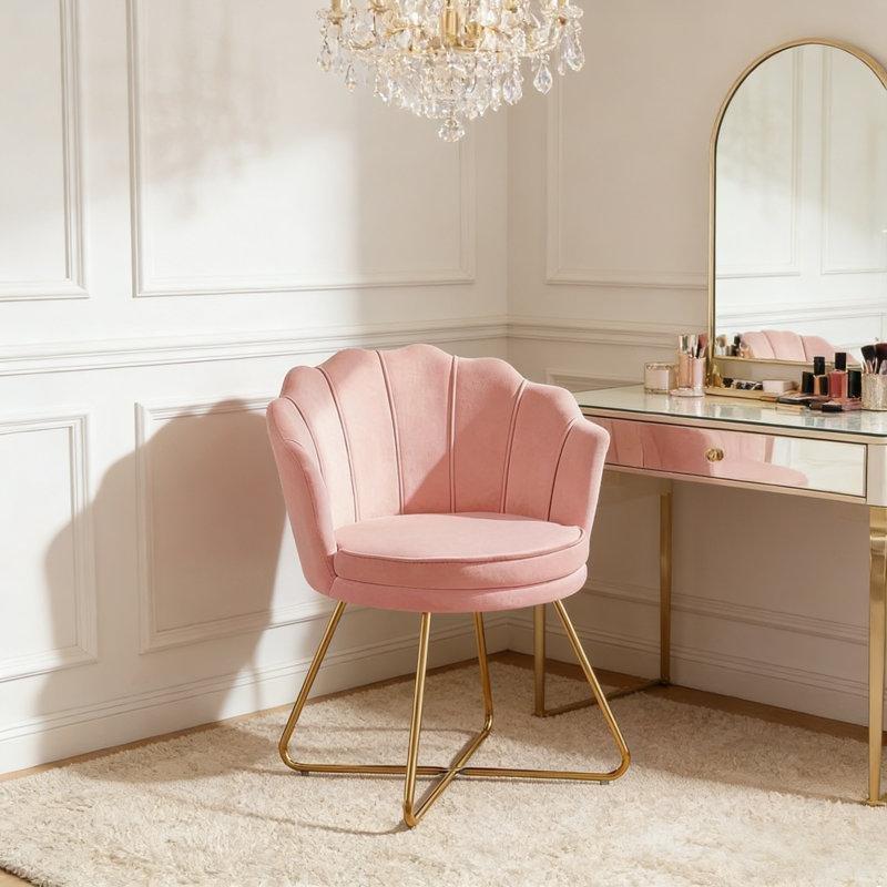 Pembe Kadife Deniz Kabuğu Sırtlı Gold Metal Çapraz Ayaklı Tekli Koltuk - 65 cm - 204851