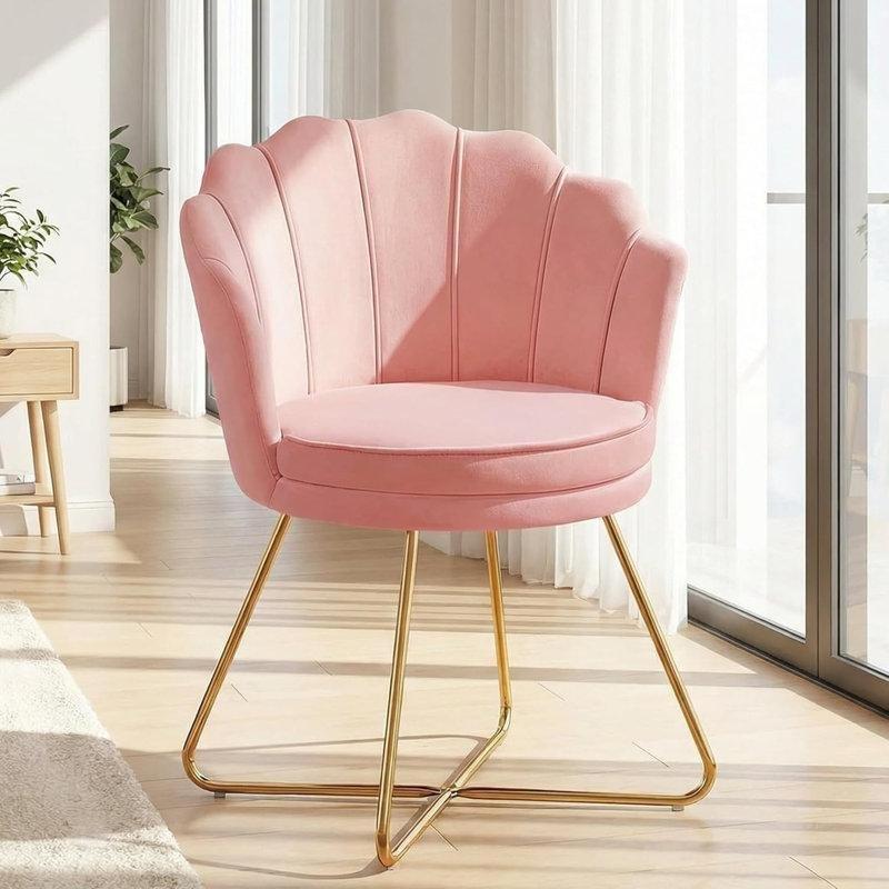 Pembe Kadife Deniz Kabuğu Sırtlı Gold Metal Çapraz Ayaklı Tekli Koltuk - 65 cm - 204851