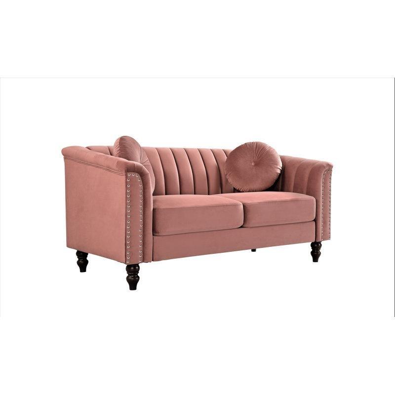 Pembe Kadife Kapitoneli Chesterfield Tasarım İkili Koltuk - 156 cm - 205586